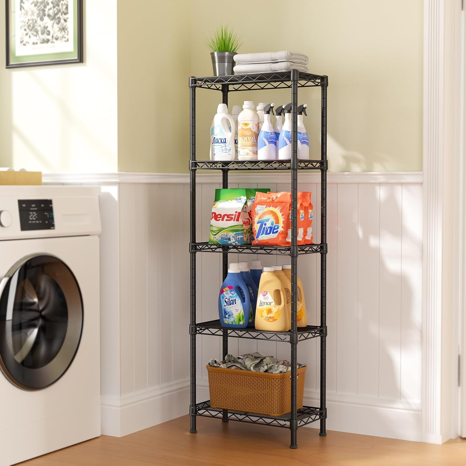 5 Tier Shelf Wire Shelving Adjustable Storage Shelves Rack Standing Units for Kitchen Closet Laundry Bathroom Organizers Metal Pantry Narrow Mesh Gaps 10" D X 16" W X 55" H Black