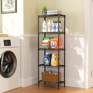 5 Tier Shelf Wire Shelving Adjustable Storage Shelves Rack Standing Units for Kitchen Closet Laundry Bathroom Organizers Metal Pantry Narrow Mesh Gaps 10" D X 16" W X 55" H Black